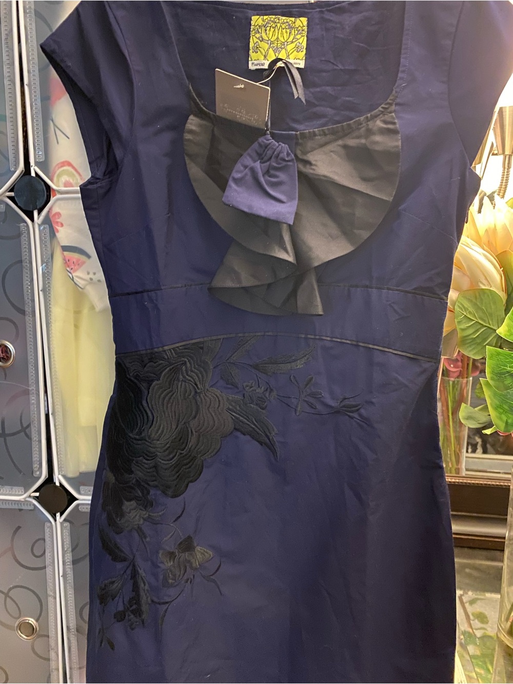 NWT, Anthropologie Navy and Black Midi Dress with Floral Appliqué
